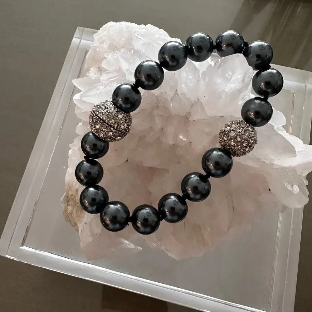 Gray Pearl Pave Ball Crystal Magnetic Close Bracelet